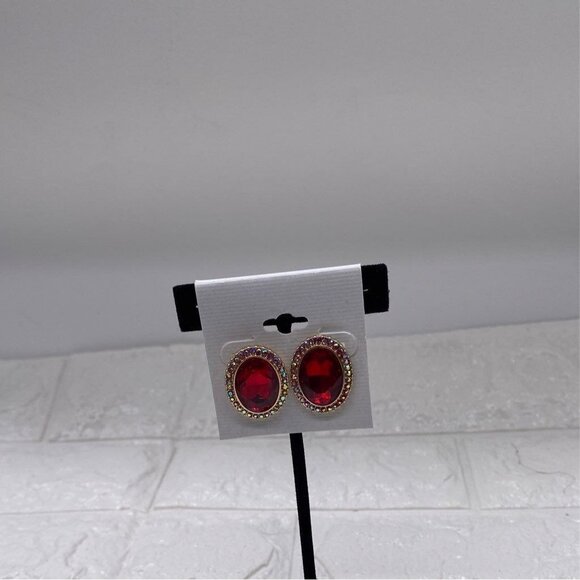 Womens Fashion Red Rhinestone Oval Post Earrings Gold Plated Multicolor Accents - Picture 5 of 6